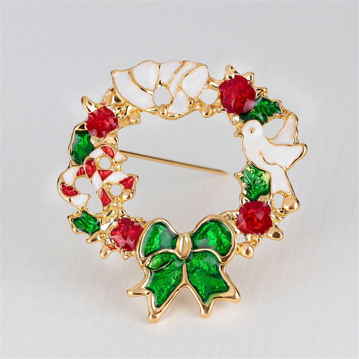 Multicolor Enamel & 18K Gold-Plated Bird & Bow Circle Brooch