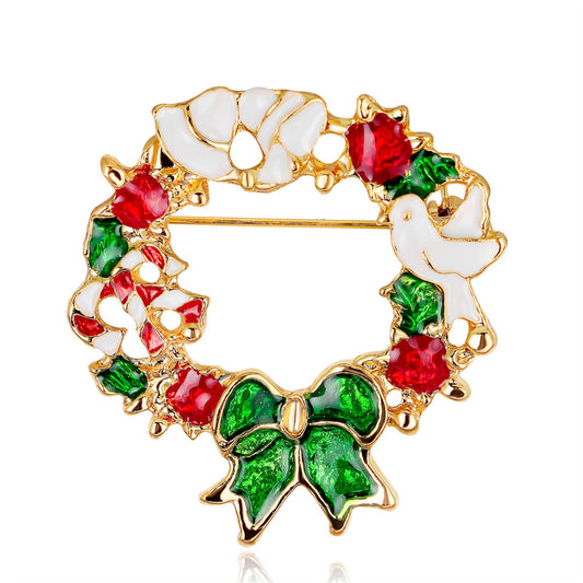 Multicolor Enamel and 18K Gold-Plated Bird and Bow Circle Brooch, gold brooch pin, botanical inspired, front view