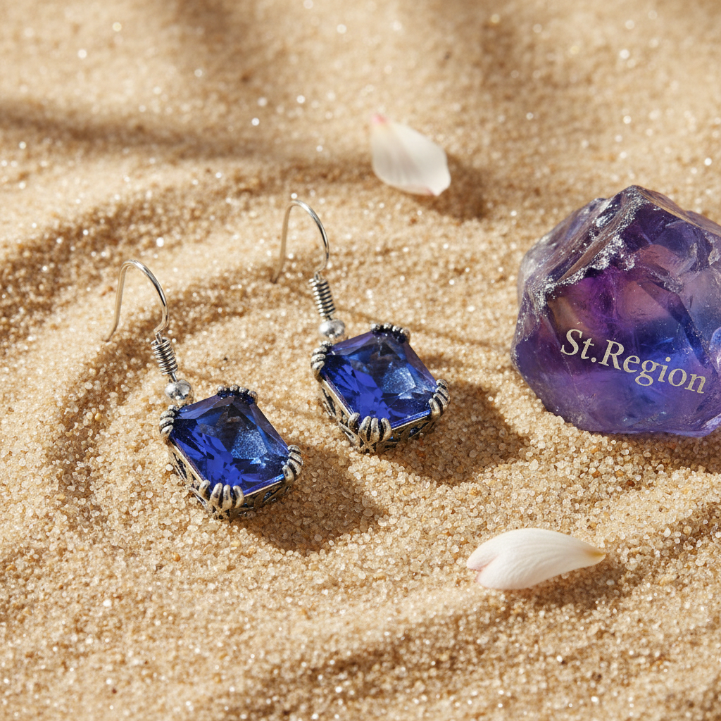 Navy Crystal & Silver-Plated Princess-Cut Drop Earrings - Street Region