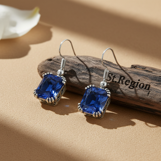 Navy Crystal & Silver-Plated Princess-Cut Drop Earrings - Street Region