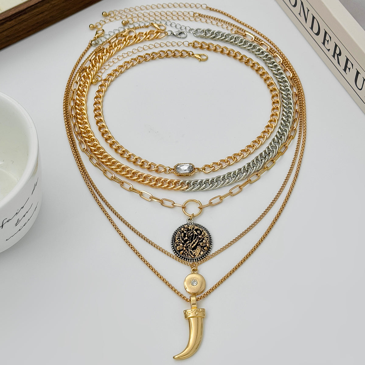Cubic Zirconia & Crystal Two Tone Round Knife Necklace Set