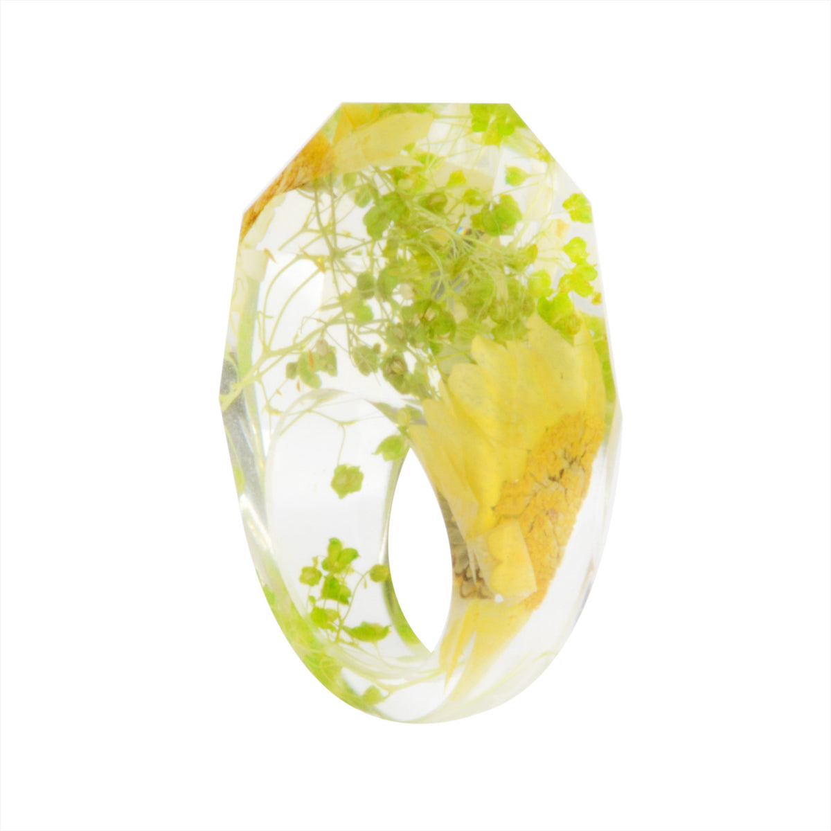 Yellow and Green Dried Flower Ring, statement rings for women, vintage-inspired design, side view