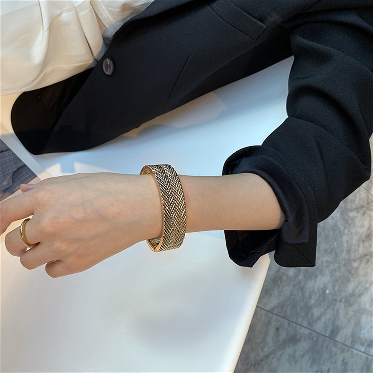 18K Gold-Plated Chevron Milgrain Hinge Bangle, gold bangle bracelet, everyday style, lifestyle look