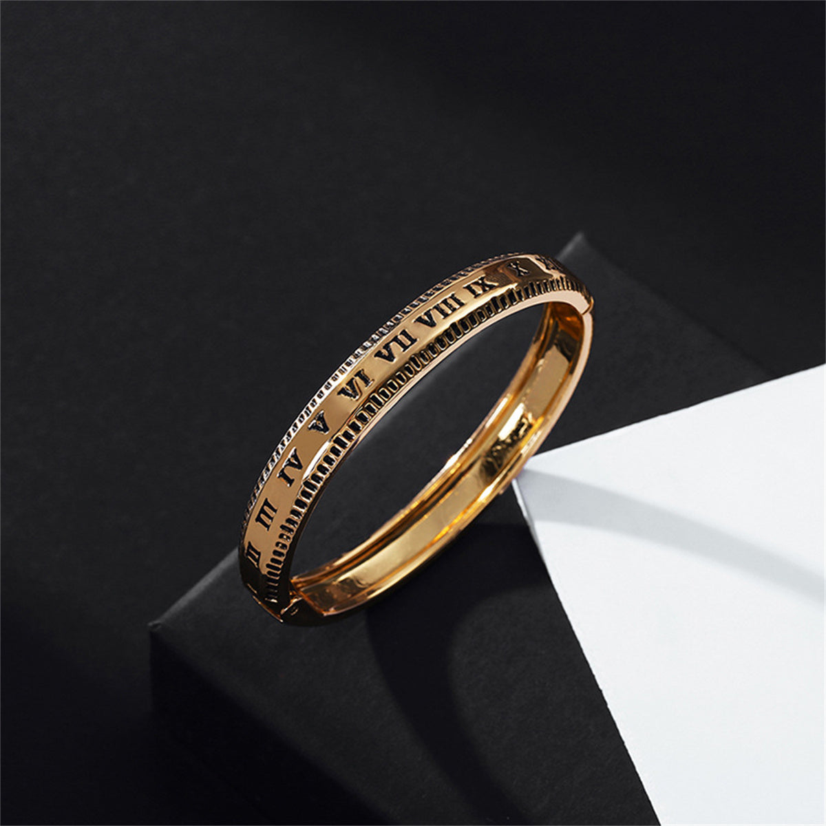 18K Gold-Plated Roman Numerals Hinge Bangle, gold bangle bracelet, botanical inspired, detail close-up