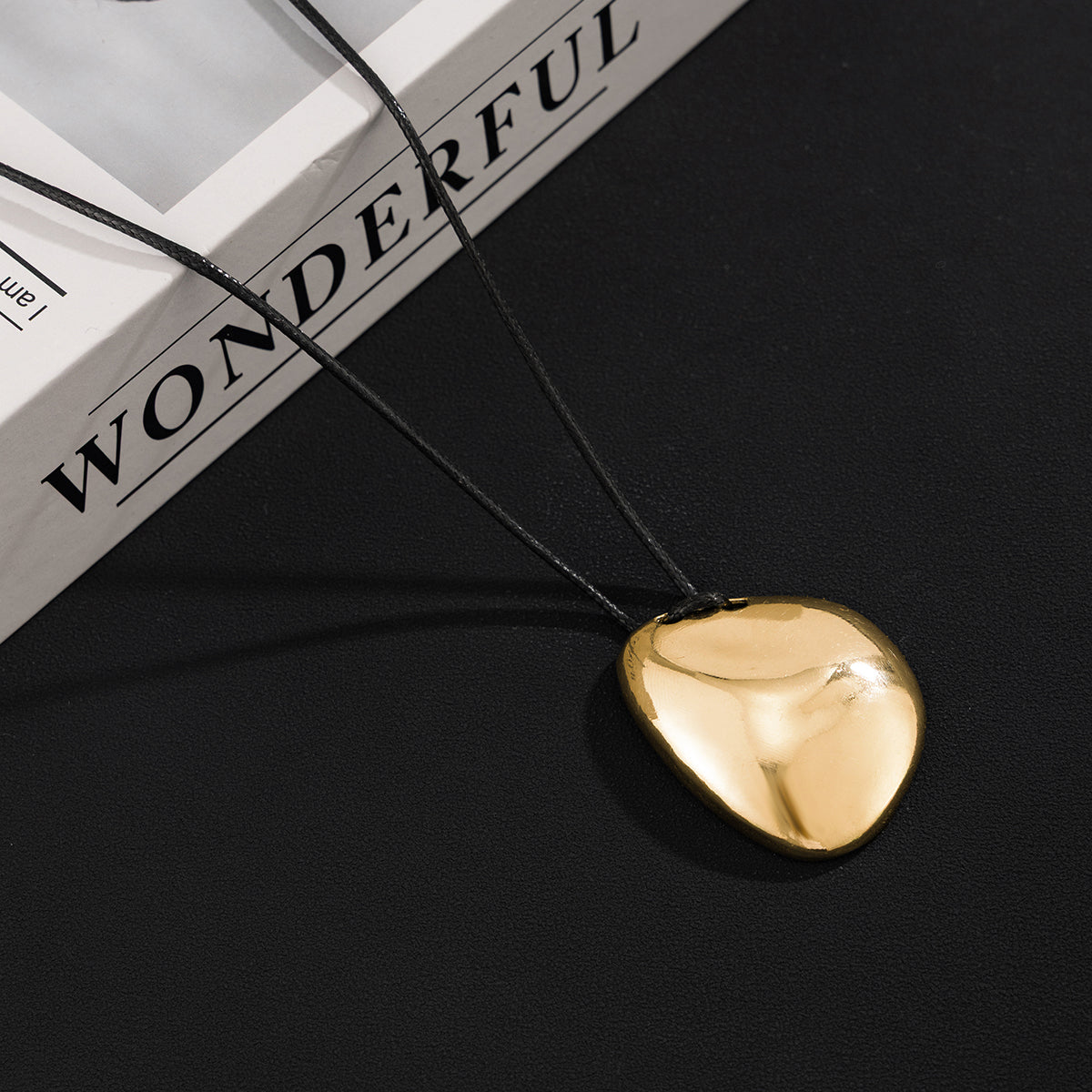 Black Polyster and Goldtone Irregular Pendant Necklace, elegant gift for her, side view