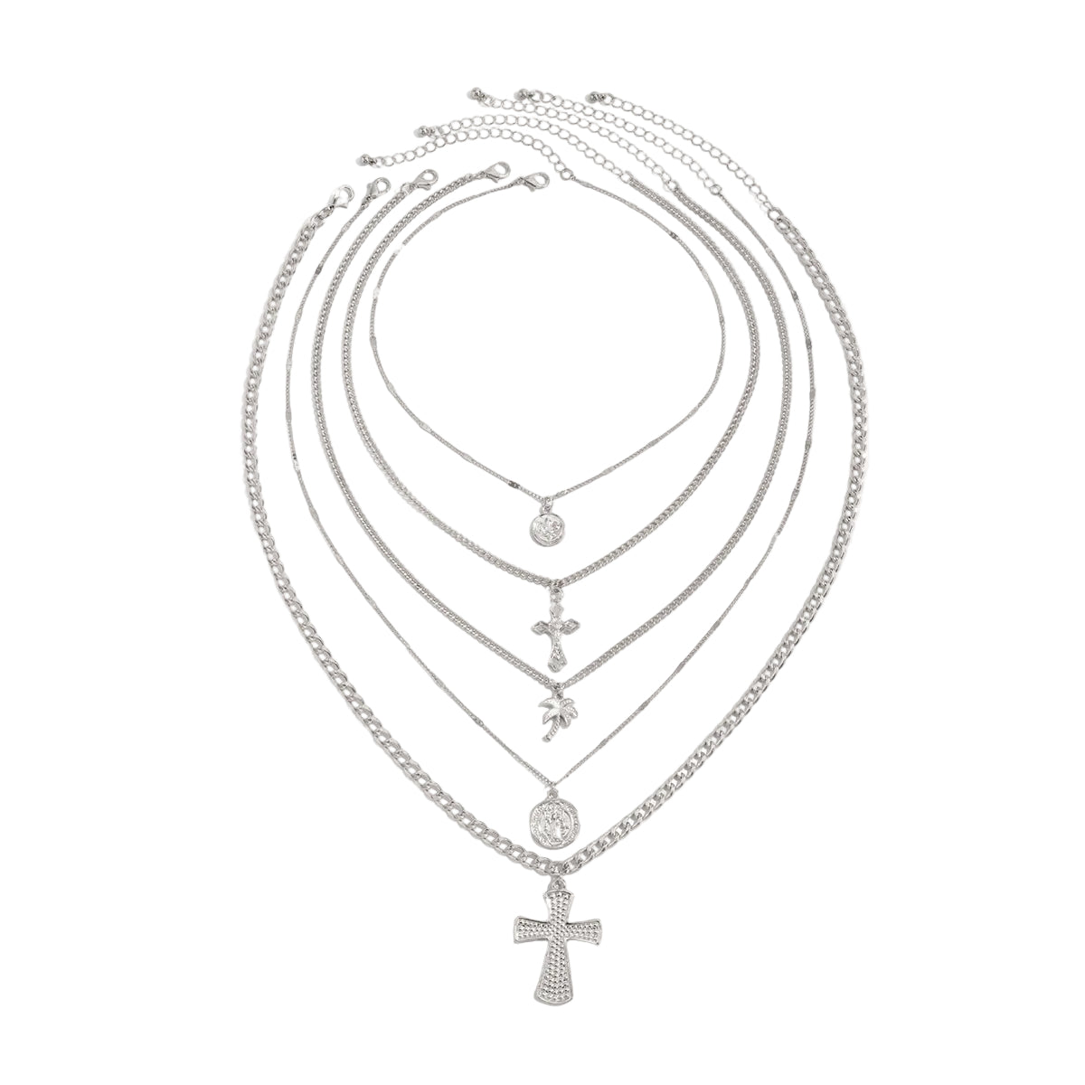 Silvertone Palm Tree and Cross Pendant Necklace Set, silver pendant necklace for women, everyday style, front view