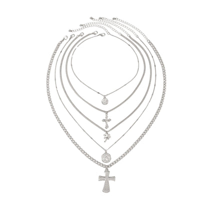 Silvertone Palm Tree and Cross Pendant Necklace Set, silver pendant necklace for women, everyday style, front view