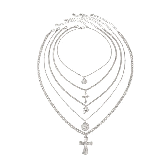 Silvertone Palm Tree and Cross Pendant Necklace Set, silver pendant necklace for women, everyday style, front view