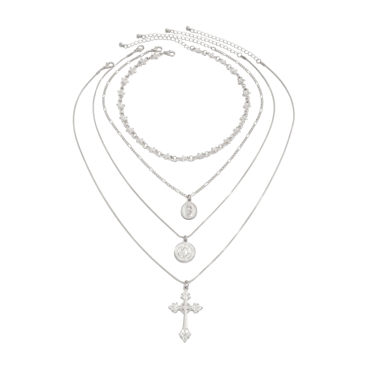 Silvertone Flower Station Coin Cross Pendant Necklace Set, silver pendant necklace for women, botanical inspired, front view