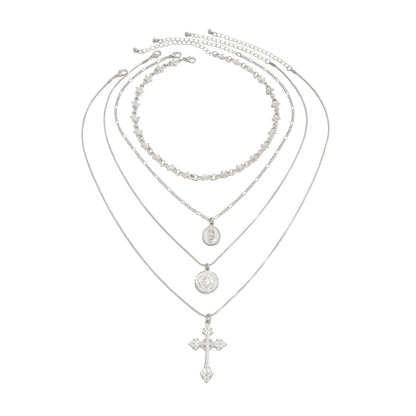 Silvertone Flower Station Coin Cross Pendant Necklace Set, silver pendant necklace for women, botanical inspired, front view
