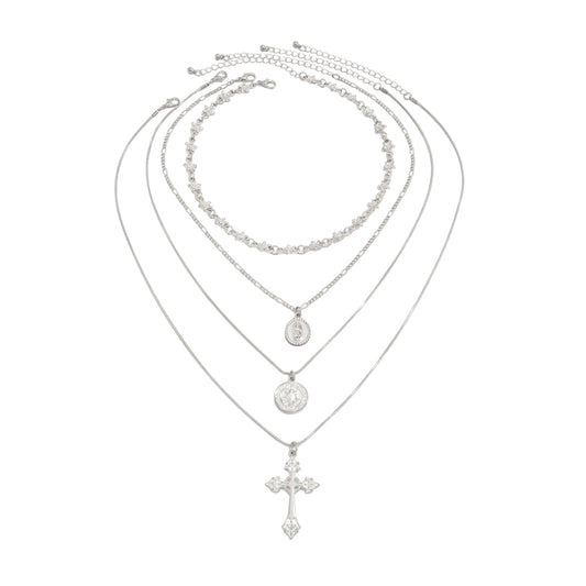 Silvertone Flower Station Coin Cross Pendant Necklace Set, silver pendant necklace for women, botanical inspired, front view