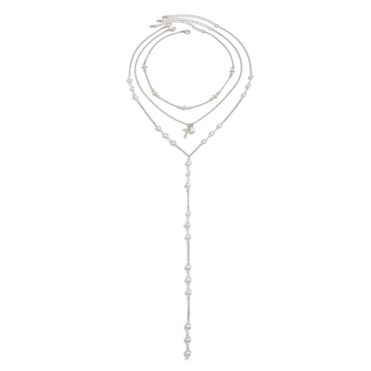 Pearl and Silvertone Cross Pendant Drop Necklace Set, silver pendant necklace for women, elegant gift for her, front view