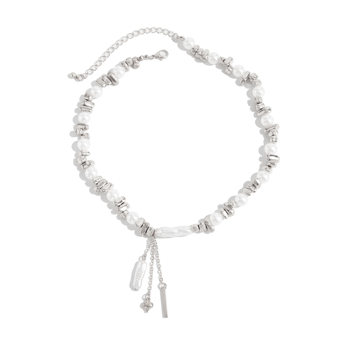 Baroque Pearl and Silvertone Bead Chain Heart Tassel Necklace, dainty minimalist design, front view
