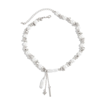 Baroque Pearl and Silvertone Bead Chain Heart Tassel Necklace, dainty minimalist design, front view