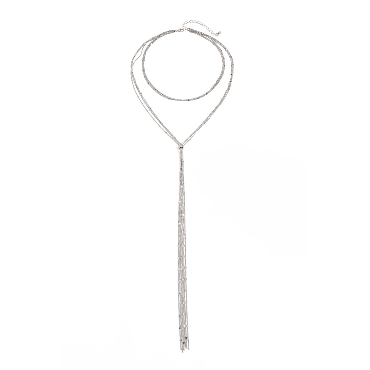 Silvertone Multi-Strand Drop Tassel Necklace, vintage-inspired design, front view