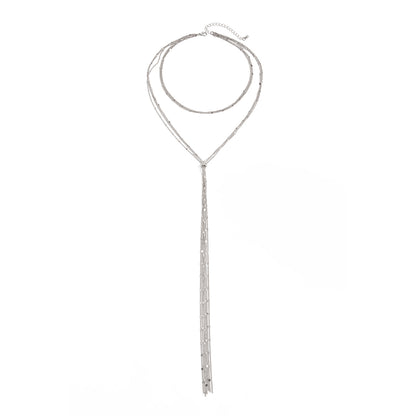 Silvertone Multi-Strand Drop Tassel Necklace, vintage-inspired design, front view