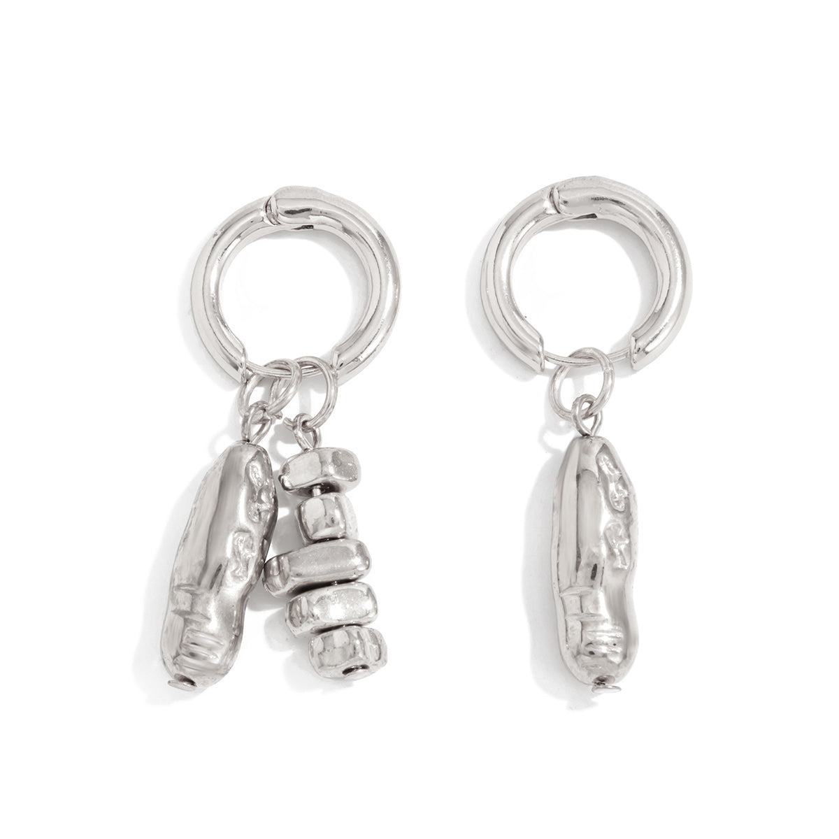 Silvertone Irregular Cylinder Beads Mismatching Dangle Earrings