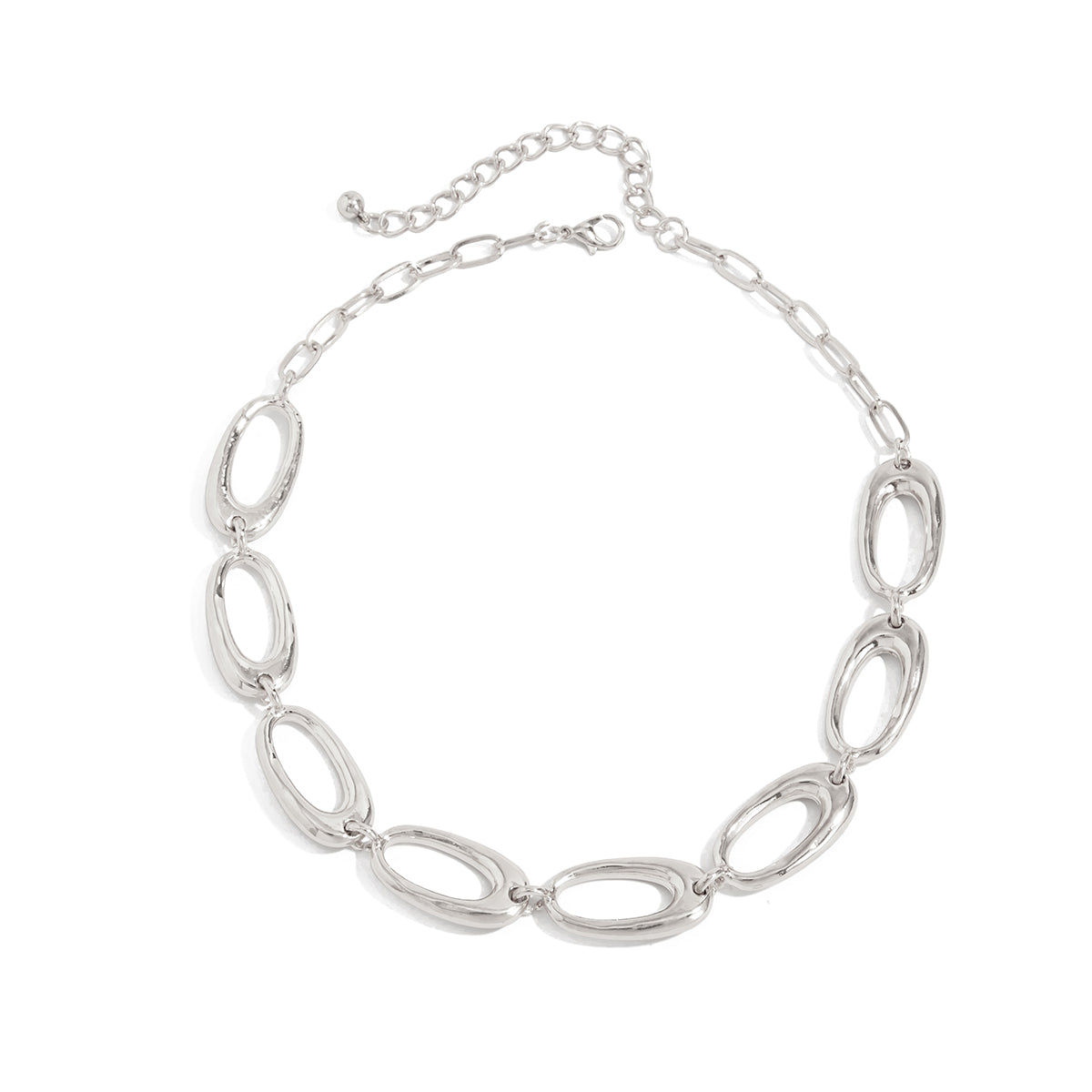 Silvertone Open Oval Chain Collar Necklace, everyday style, front view