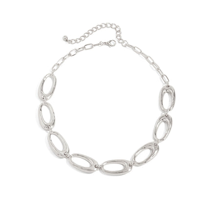 Silvertone Open Oval Chain Collar Necklace, everyday style, front view