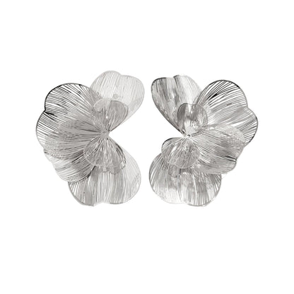 Silvertone Textured Netted Flower Statement Stud Earrings