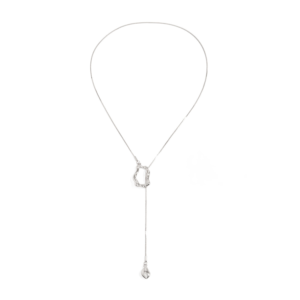 Silvertone Open Irregular Lariat Necklace, vintage-inspired design, front view
