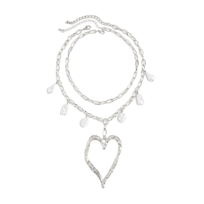 Pearl & Silvertone Open Heart Pendant Statement Necklace