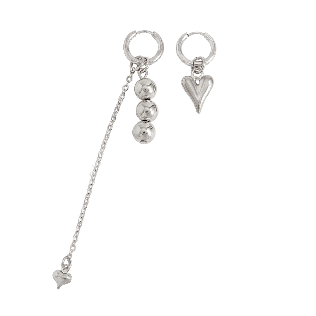 Silvertone Mismatching Beaded Tassel Heart Dangle Earrings