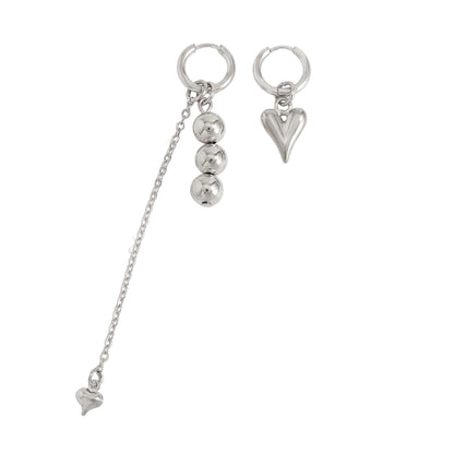 Silvertone Mismatching Beaded Tassel Heart Dangle Earrings