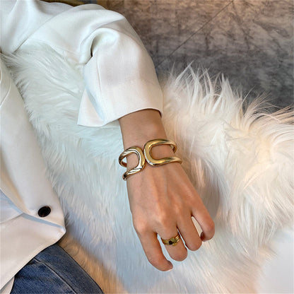 18K Gold-Plated Openwork Drop End Hinge Bangle, gold bangle bracelet, elegant gift for her, side view