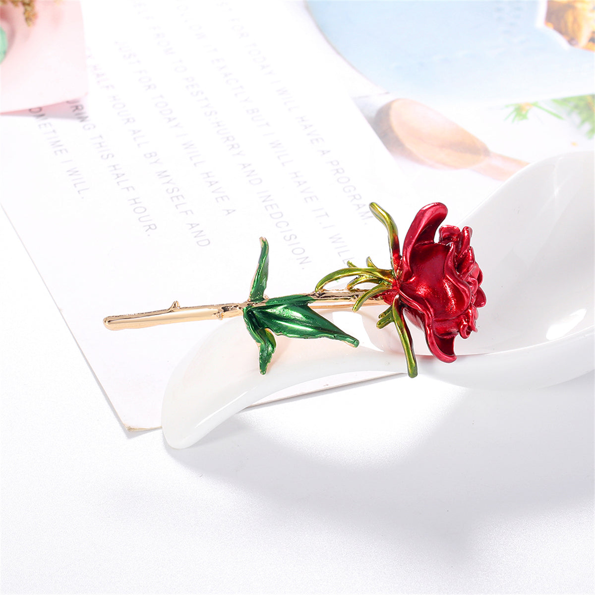 Red Enamel and 18K Gold-Plated Rose Brooch, gold brooch pin, vintage-inspired design, side view