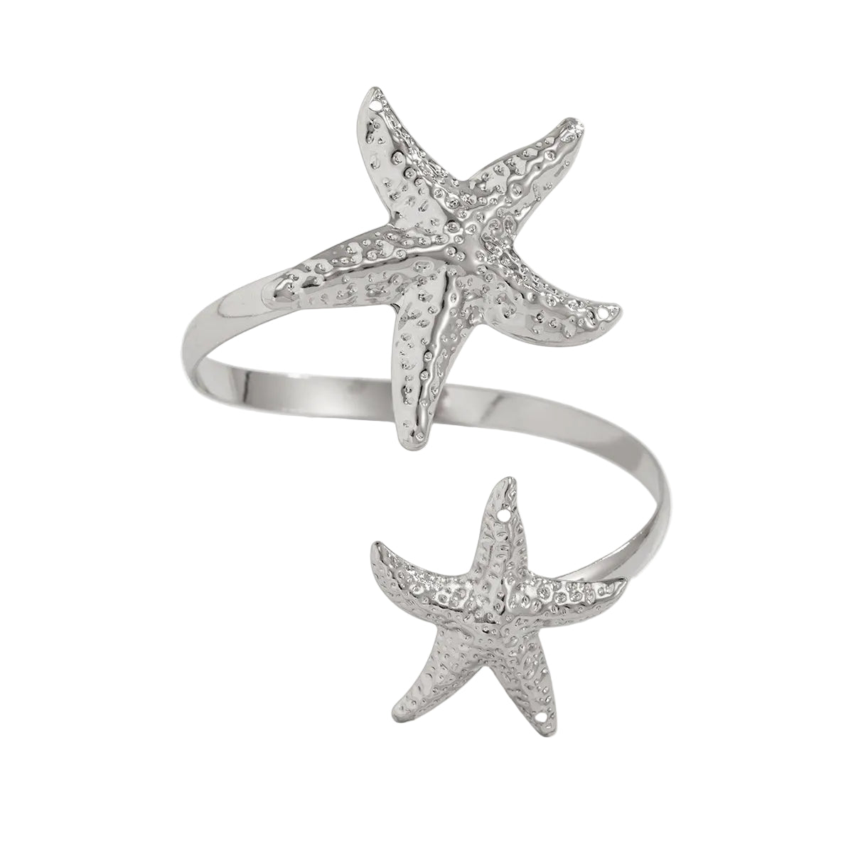 Silvertone Hammered Dual-Starfish Bypass Arm Cuff, vintage-inspired design, front view