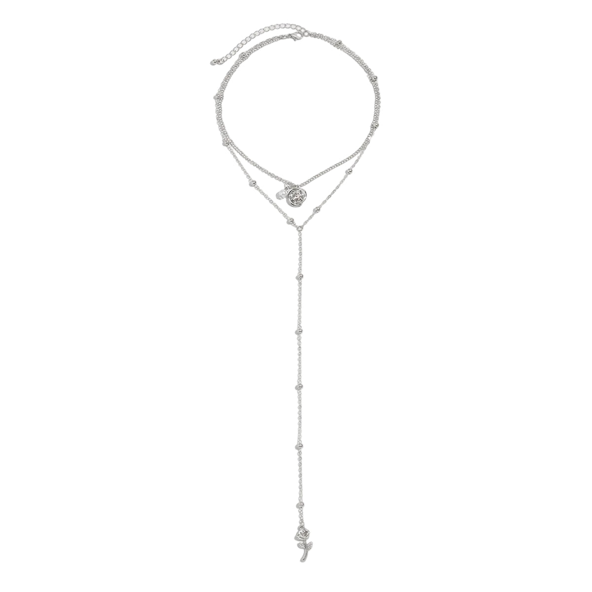 Pearl and Silvertone Rose Drop Layered Necklace, vintage-inspired design, front view