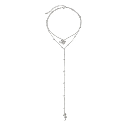 Pearl and Silvertone Rose Drop Layered Necklace, vintage-inspired design, front view