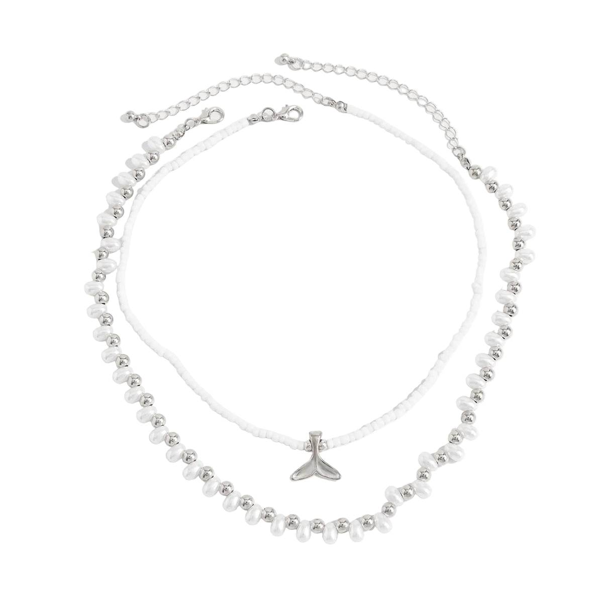 Pearl and Howlite Silvertone Fishtail Pendant Necklace Set, silver pendant necklace for women, front view