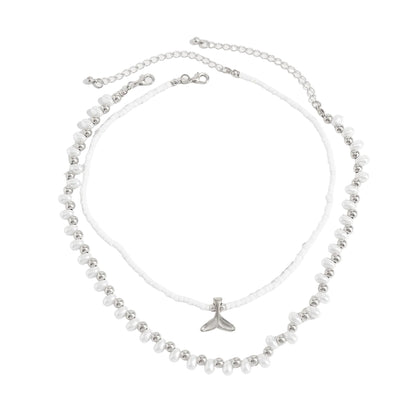 Pearl and Howlite Silvertone Fishtail Pendant Necklace Set, silver pendant necklace for women, front view