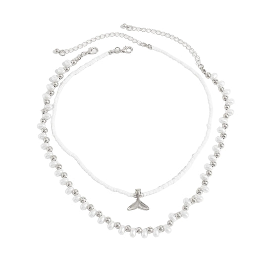 Pearl and Howlite Silvertone Fishtail Pendant Necklace Set, silver pendant necklace for women, front view