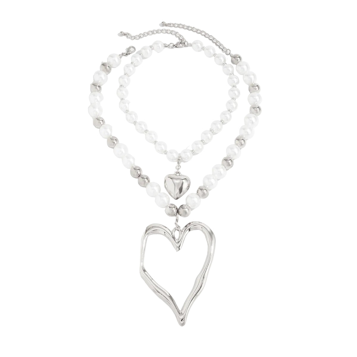 Pearl and Silvertone Ball Chain Heart Pendant Statement Necklace Set, silver pendant necklace for women, front view