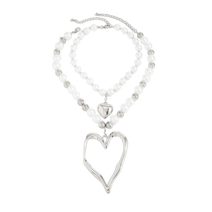 Pearl and Silvertone Ball Chain Heart Pendant Statement Necklace Set, silver pendant necklace for women, front view