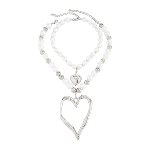 Pearl and Silvertone Ball Chain Heart Pendant Statement Necklace Set, silver pendant necklace for women, front view