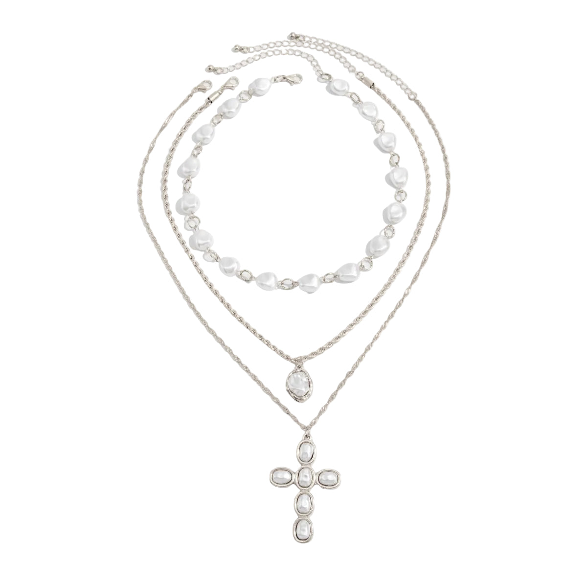 Baroque Pearl and Silvertone Ripple Chain Cross Pendant Necklace Set, silver pendant necklace for women, front view