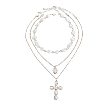 Baroque Pearl and Silvertone Ripple Chain Cross Pendant Necklace Set, silver pendant necklace for women, front view