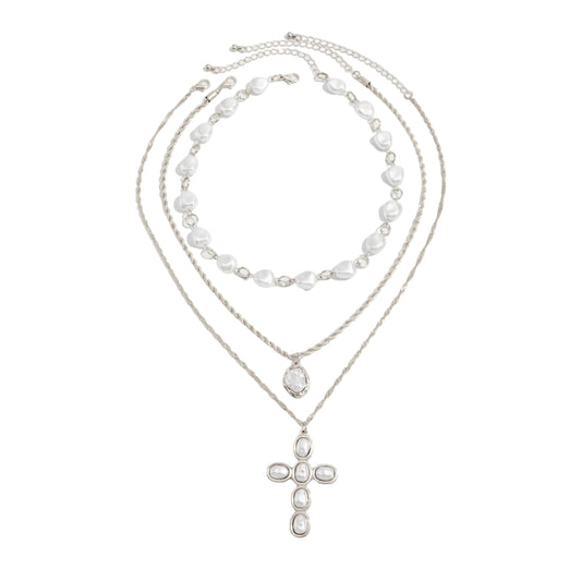 Baroque Pearl and Silvertone Ripple Chain Cross Pendant Necklace Set, silver pendant necklace for women, front view