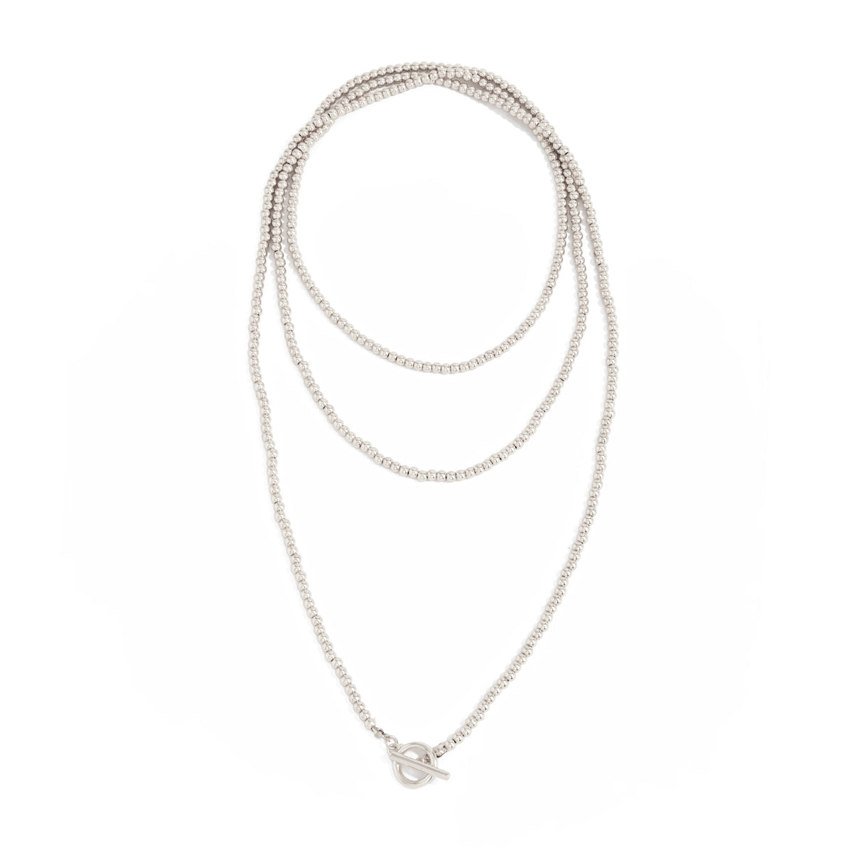 Silvertone Bead Chain Toggle Necklace, botanical inspired, front view