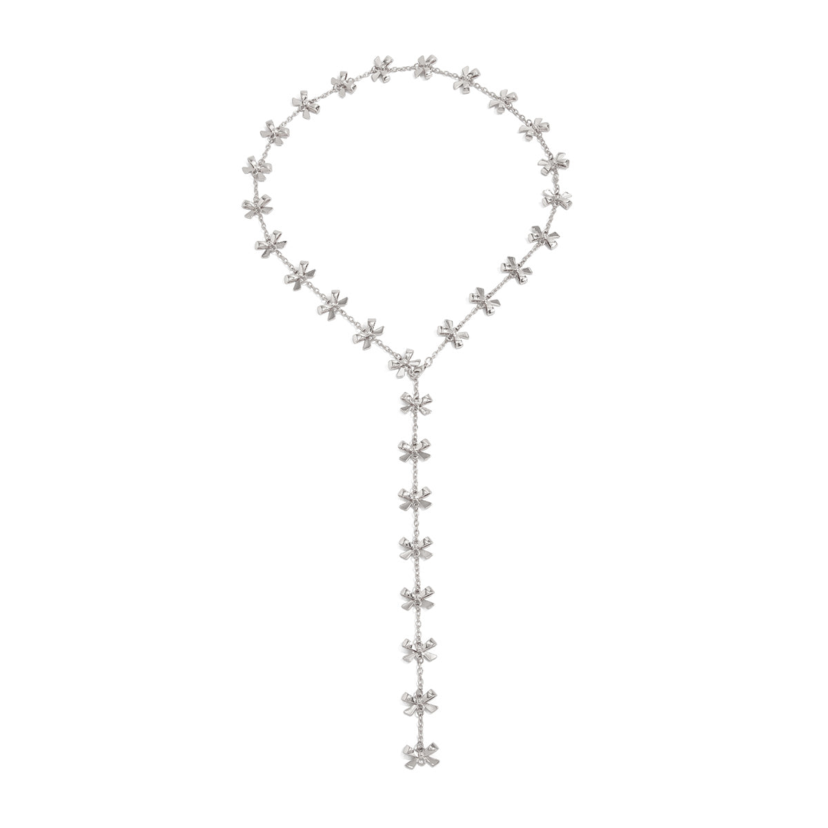 Silvertone Bow Station Lariat Necklace, botanical inspired, front view