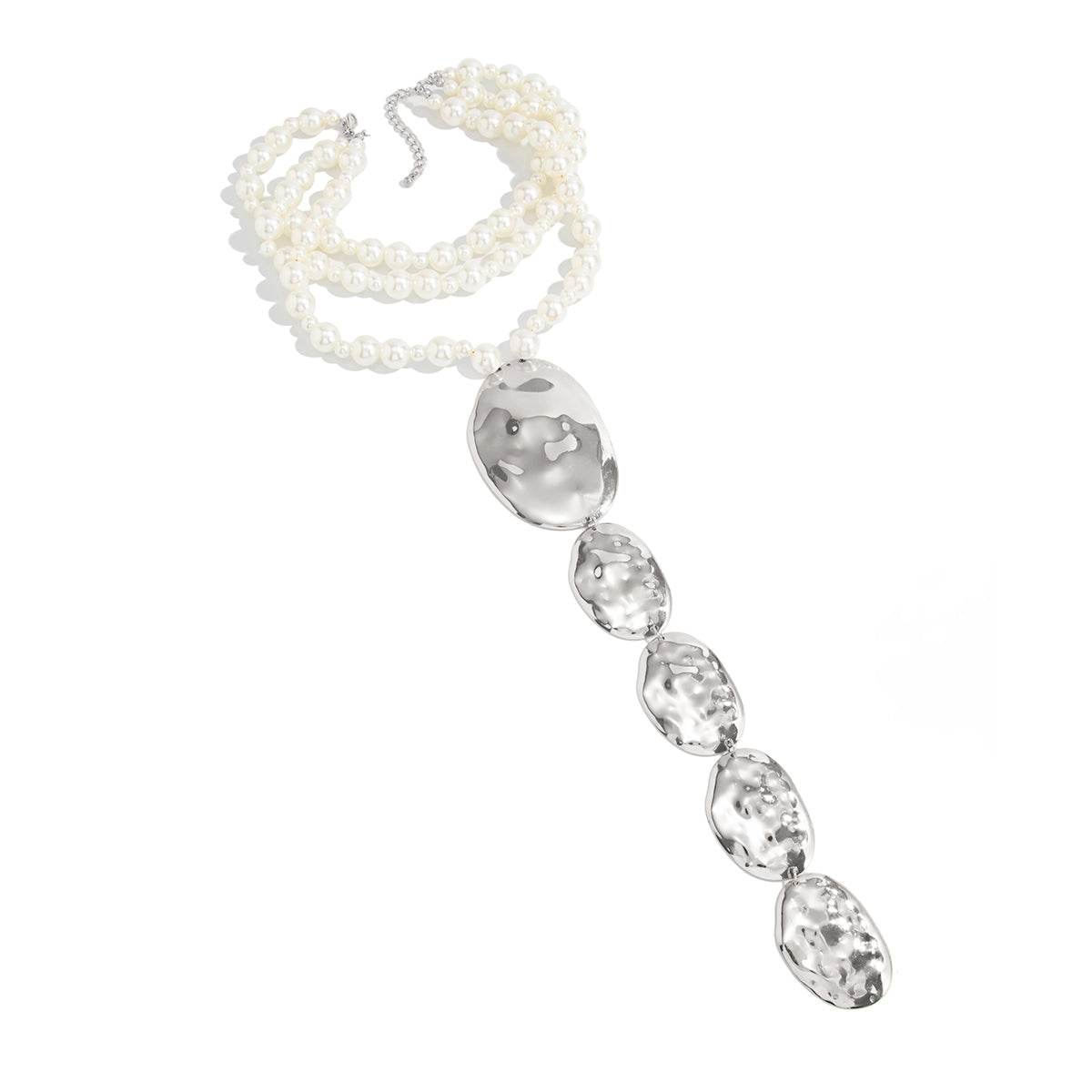 Pearl and Silvertone Oval Drop Statement Layered Necklace, elegant gift for her, front view