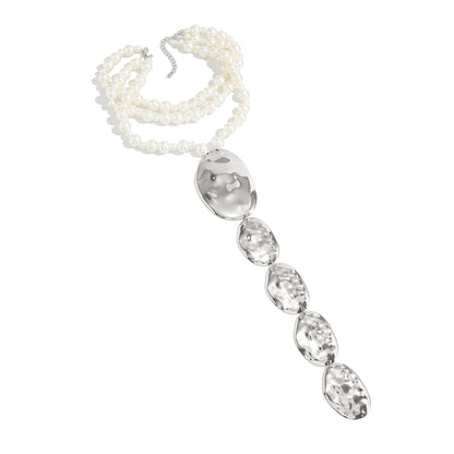 Pearl and Silvertone Oval Drop Statement Layered Necklace, elegant gift for her, front view