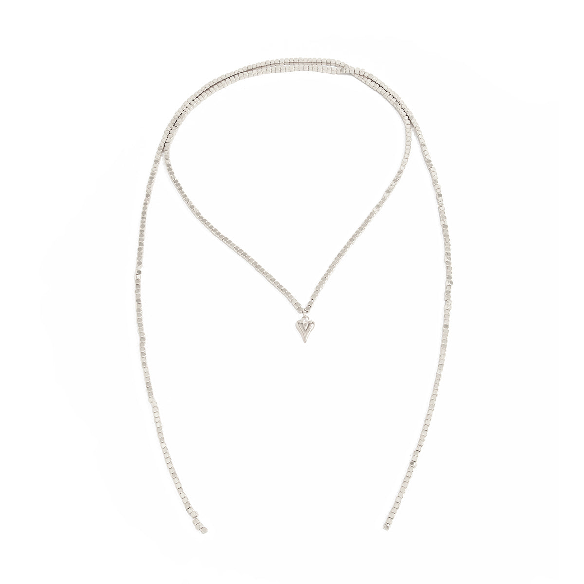 Silvertone Bead Chain Small Heart Pendant Toggle Necklace, dainty minimalist design, front view