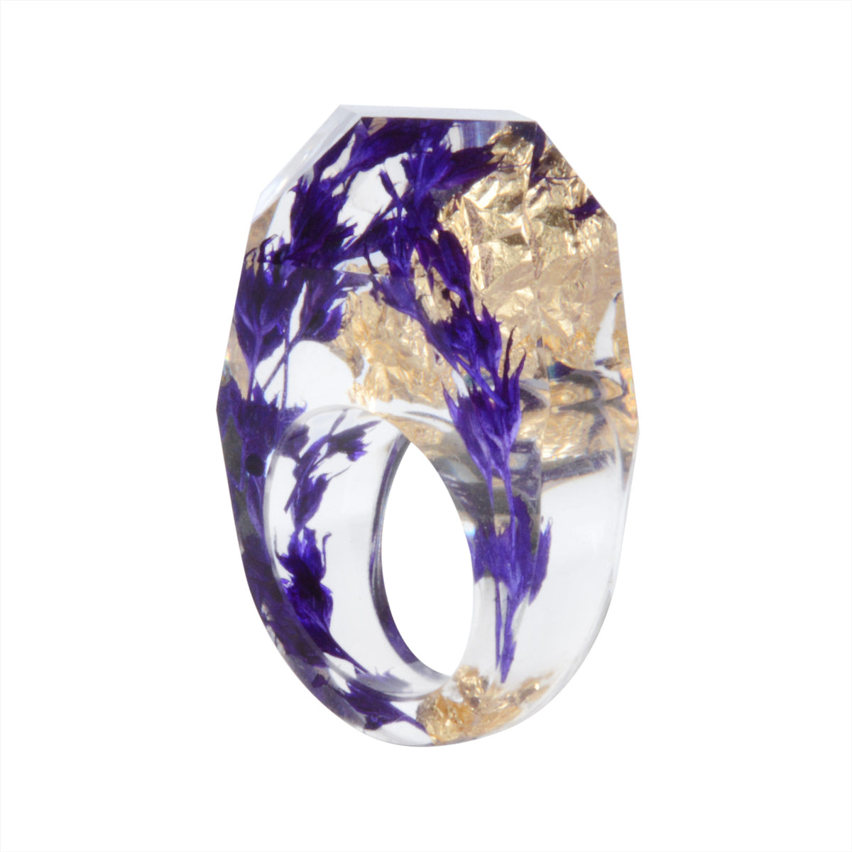 Purple Dried Flower Resin Ring, statement rings for women, dainty minimalist design, side view