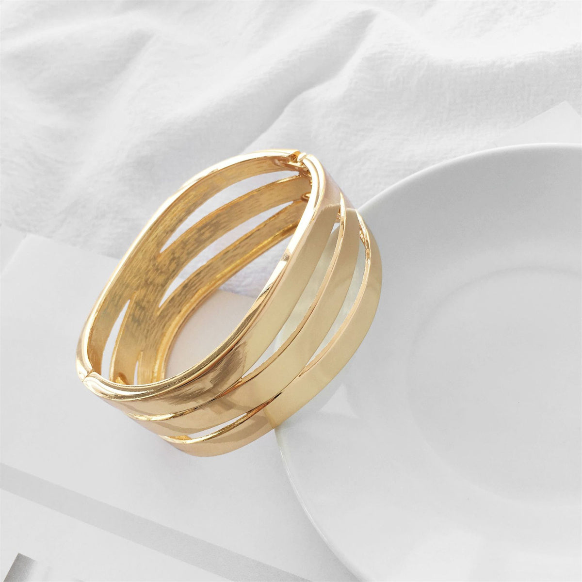 18K Gold-Plated Wave Layered Hinge Bracelet, gold bangle bracelet, vintage-inspired design, lifestyle look