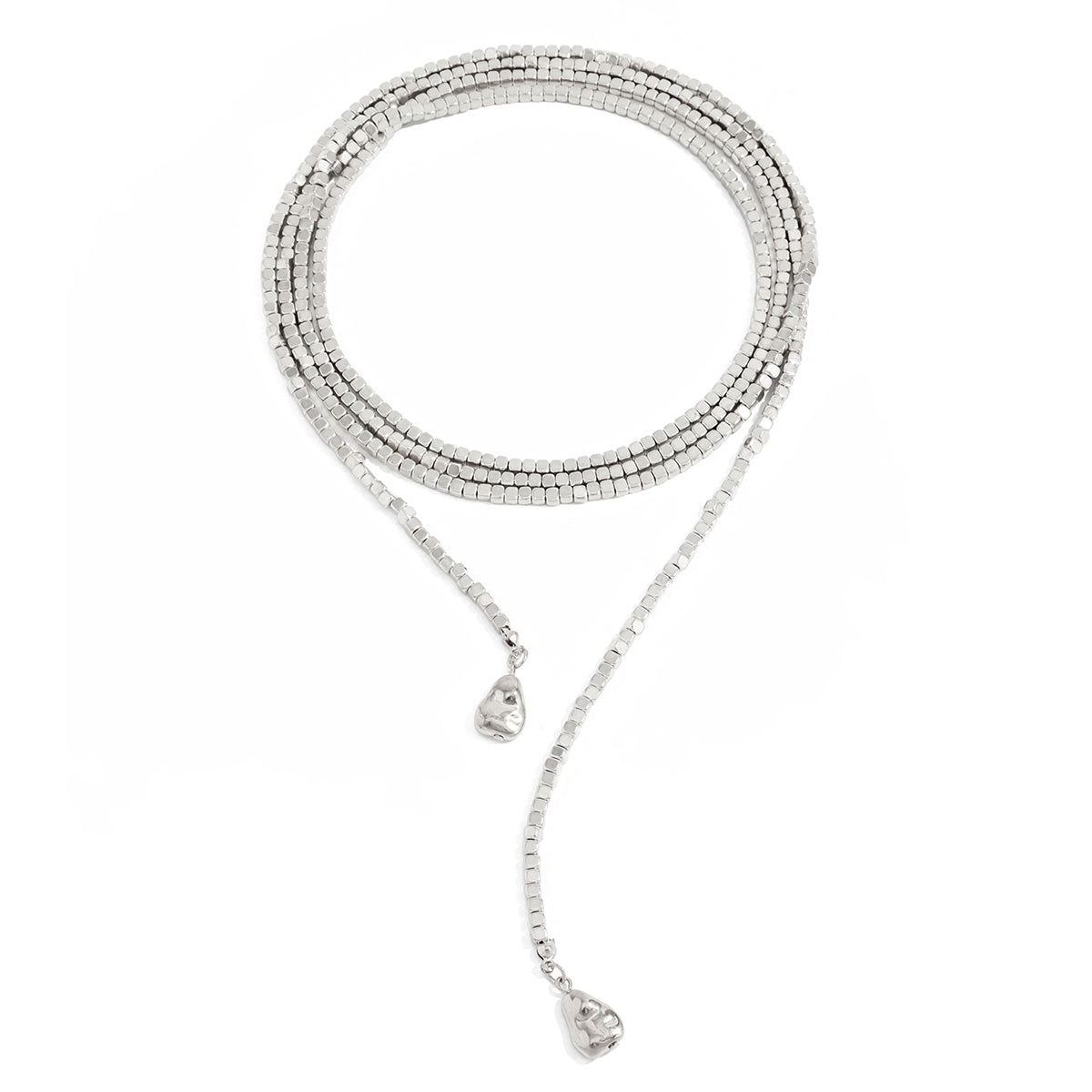 Silvertone Cube Chain Layered Knot Statement Necklace, elegant gift for her, front view